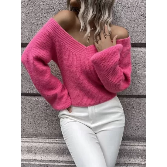 Casual Long Sleeves Loose Solid Color V-Neck Sweater Tops