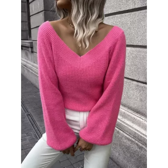 Casual Long Sleeves Loose Solid Color V-Neck Sweater Tops