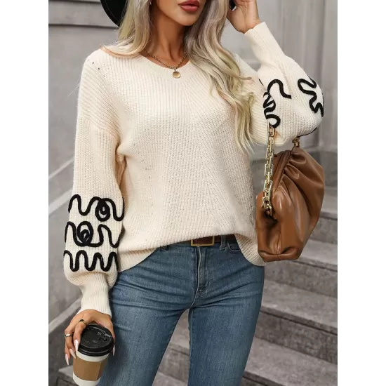 Hollow Long Sleeves Loose Round-Neck Sweater Tops Pullovers Knitwear