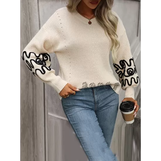 Hollow Long Sleeves Loose Round-Neck Sweater Tops Pullovers Knitwear