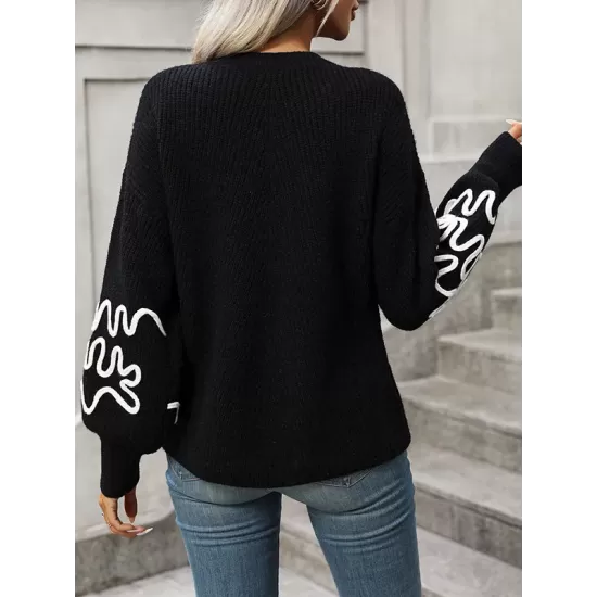 Hollow Long Sleeves Loose Round-Neck Sweater Tops Pullovers Knitwear