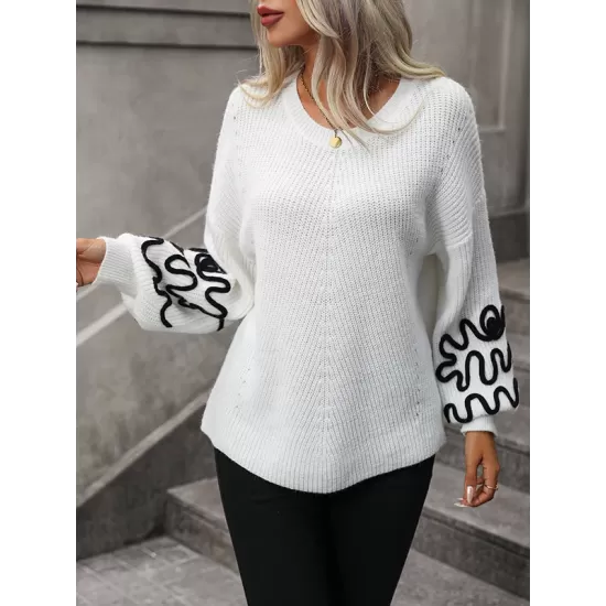 Hollow Long Sleeves Loose Round-Neck Sweater Tops Pullovers Knitwear