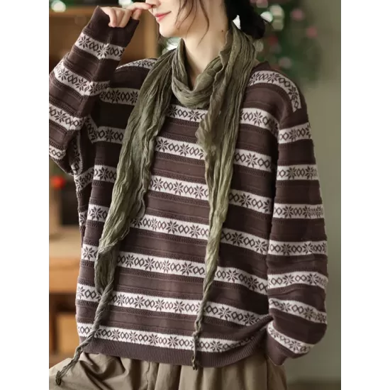 Artistic Retro Loose Long Sleeves Jacquard Round-Neck Sweater Tops