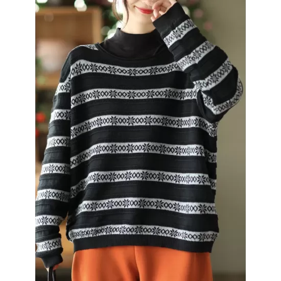 Artistic Retro Loose Long Sleeves Jacquard Round-Neck Sweater Tops