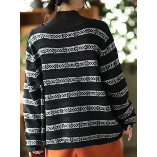 Artistic Retro Loose Long Sleeves Jacquard Round-Neck Sweater Tops