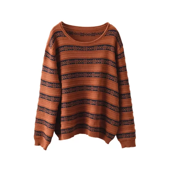 Artistic Retro Loose Long Sleeves Jacquard Round-Neck Sweater Tops