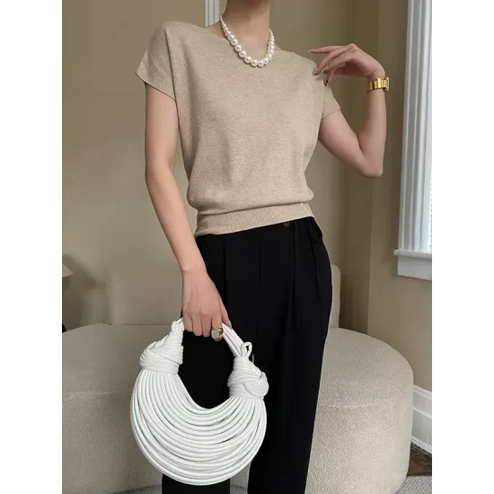 Stylish Loose Solid Color Boat Neck Knitwear Pullovers Tops