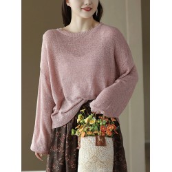 See-Through Solid Color Long Sleeves Loose Round-Neck Sweater Tops