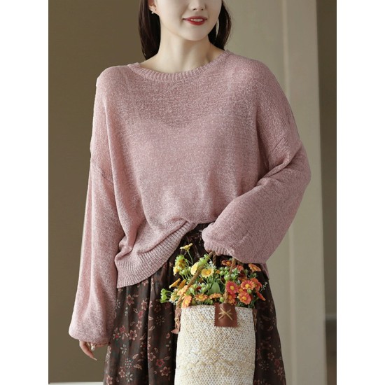 See-Through Solid Color Long Sleeves Loose Round-Neck Sweater Tops