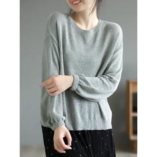 See-Through Solid Color Long Sleeves Loose Round-Neck Sweater Tops