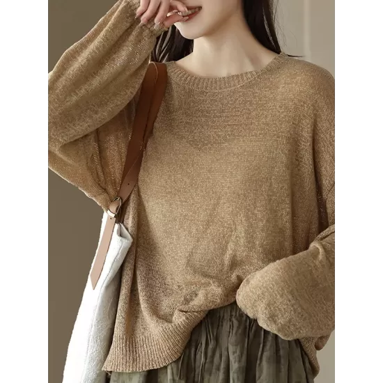 See-Through Solid Color Long Sleeves Loose Round-Neck Sweater Tops