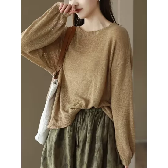 See-Through Solid Color Long Sleeves Loose Round-Neck Sweater Tops