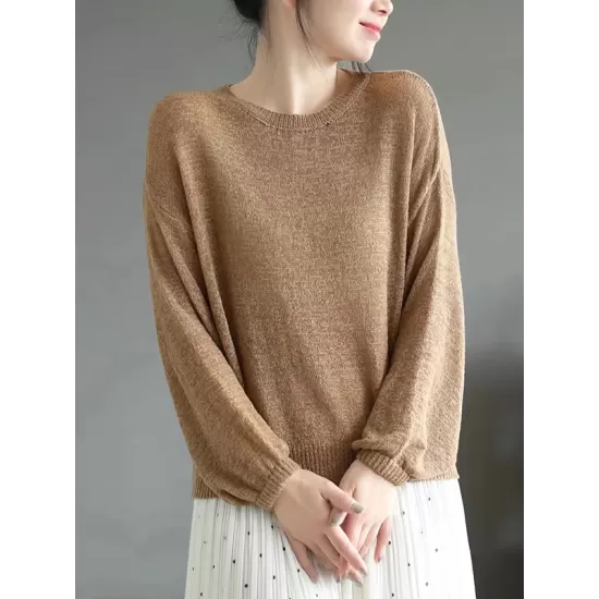 See-Through Solid Color Long Sleeves Loose Round-Neck Sweater Tops