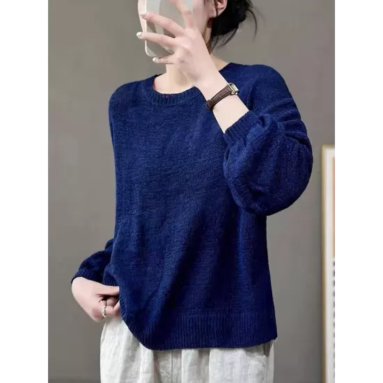 See-Through Solid Color Long Sleeves Loose Round-Neck Sweater Tops