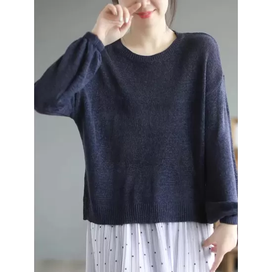 See-Through Solid Color Long Sleeves Loose Round-Neck Sweater Tops