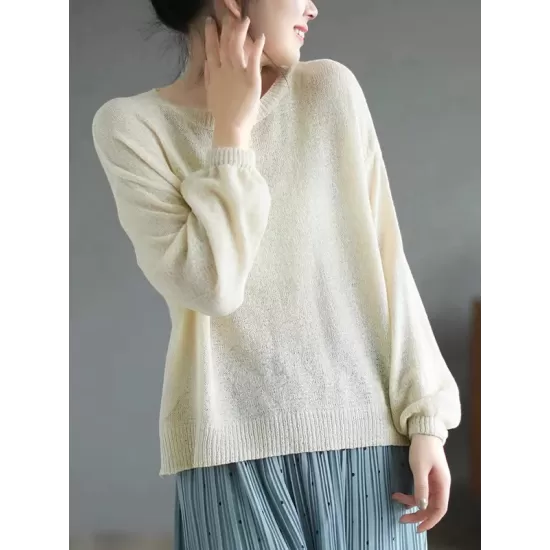 See-Through Solid Color Long Sleeves Loose Round-Neck Sweater Tops