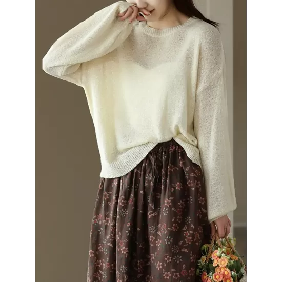 See-Through Solid Color Long Sleeves Loose Round-Neck Sweater Tops