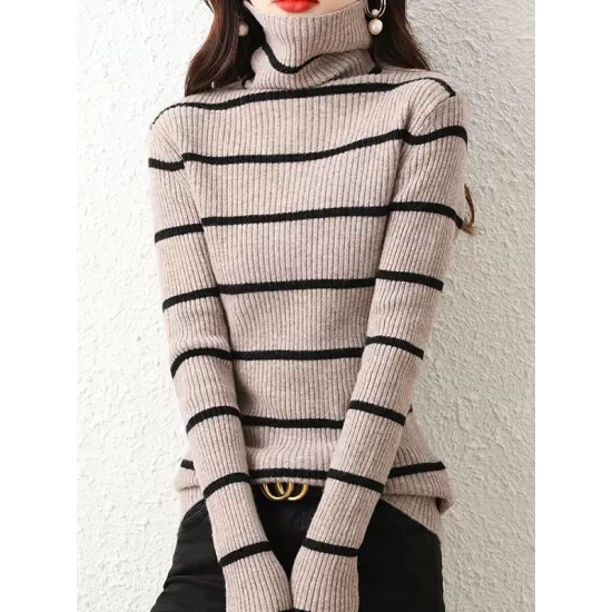 Urban Skinny Striped High-Neck Sweater Tops