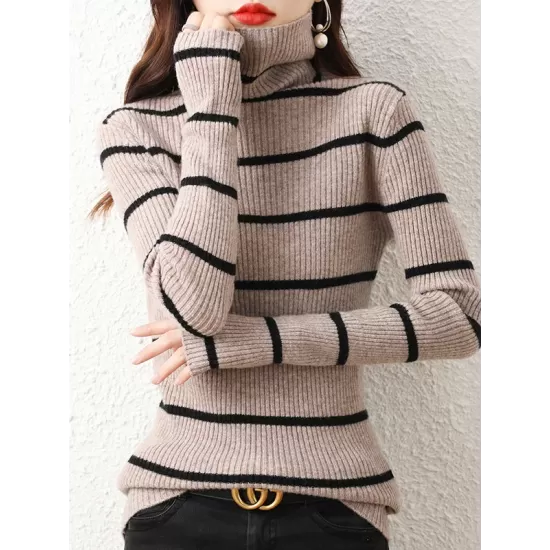 Urban Skinny Striped High-Neck Sweater Tops