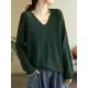 Solid Color Long Sleeves Loose V-Neck Sweater Tops