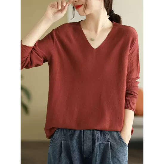 Solid Color Long Sleeves Loose V-Neck Sweater Tops