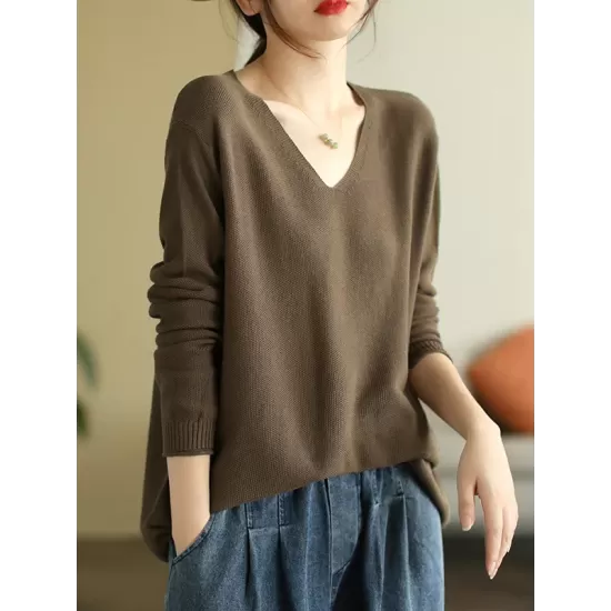 Solid Color Long Sleeves Loose V-Neck Sweater Tops