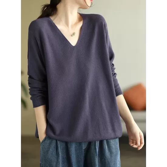 Solid Color Long Sleeves Loose V-Neck Sweater Tops