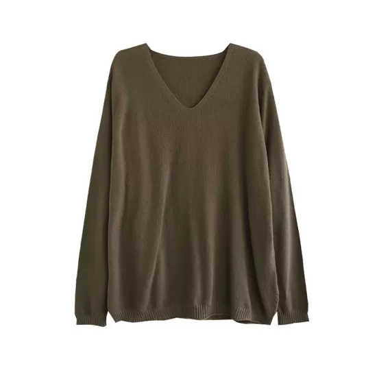 Solid Color Long Sleeves Loose V-Neck Sweater Tops