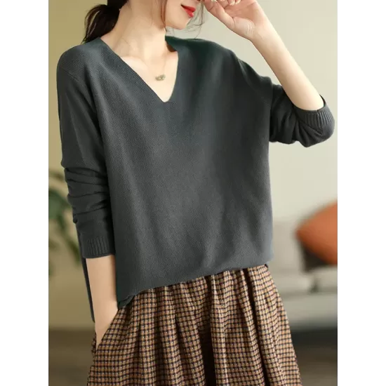 Solid Color Long Sleeves Loose V-Neck Sweater Tops