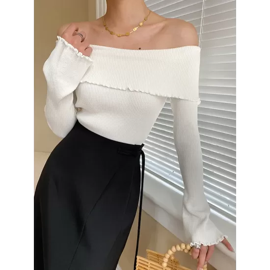 Falbala Solid Color Long Sleeves Skinny Off-the-shoulder Sweater Tops