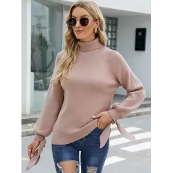 Loose Long Sleeves Solid Color High-Neck Sweater Tops