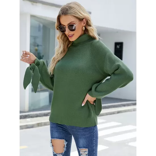 Loose Long Sleeves Solid Color High-Neck Sweater Tops