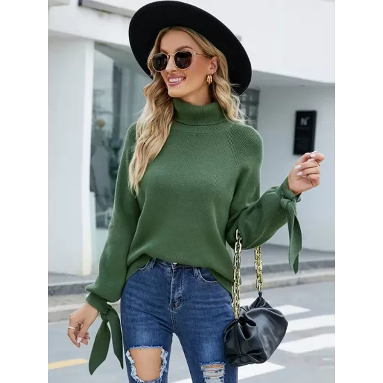 Loose Long Sleeves Solid Color High-Neck Sweater Tops