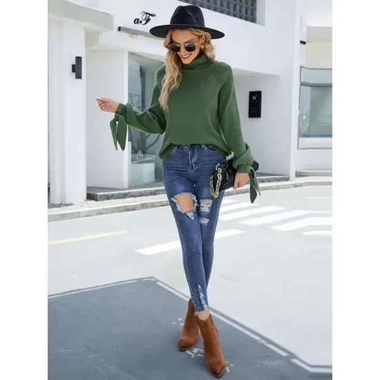 Loose Long Sleeves Solid Color High-Neck Sweater Tops