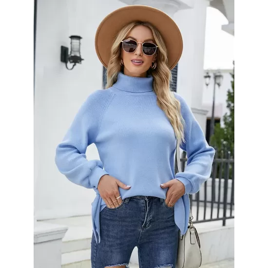 Loose Long Sleeves Solid Color High-Neck Sweater Tops