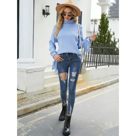 Loose Long Sleeves Solid Color High-Neck Sweater Tops