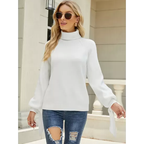 Loose Long Sleeves Solid Color High-Neck Sweater Tops