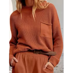 Pockets Solid Color Long Sleeves Loose Round-Neck Sweater Tops Pullovers Knitwear