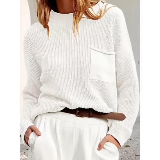 Pockets Solid Color Long Sleeves Loose Round-Neck Sweater Tops Pullovers Knitwear