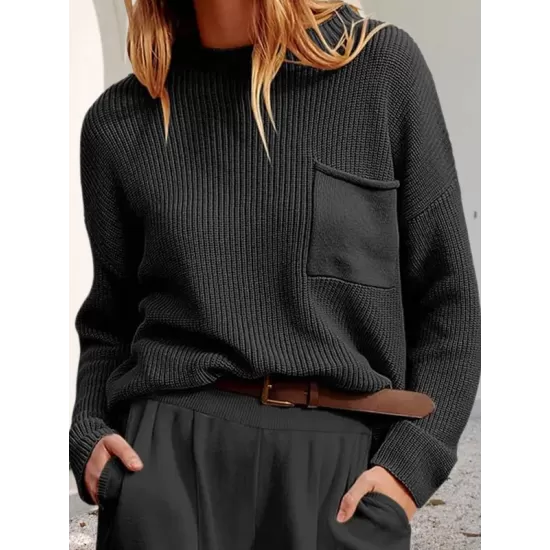 Pockets Solid Color Long Sleeves Loose Round-Neck Sweater Tops Pullovers Knitwear