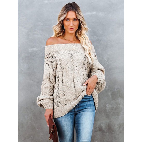 Vintage Long Sleeves Loose Solid Color Off-The-Shoulder Sweater Tops