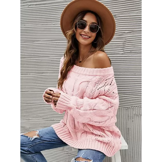 Vintage Long Sleeves Loose Solid Color Off-The-Shoulder Sweater Tops