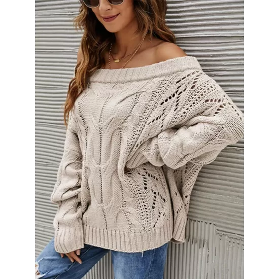 Vintage Long Sleeves Loose Solid Color Off-The-Shoulder Sweater Tops