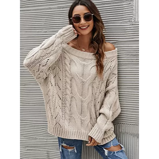 Vintage Long Sleeves Loose Solid Color Off-The-Shoulder Sweater Tops