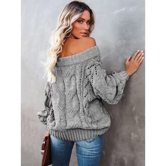 Vintage Long Sleeves Loose Solid Color Off-The-Shoulder Sweater Tops