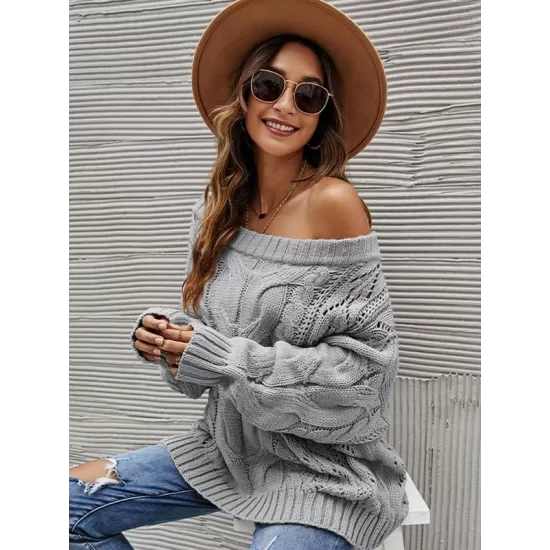 Vintage Long Sleeves Loose Solid Color Off-The-Shoulder Sweater Tops