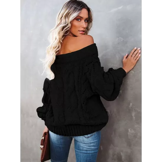 Vintage Long Sleeves Loose Solid Color Off-The-Shoulder Sweater Tops