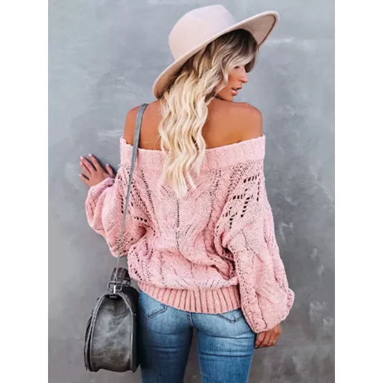 Vintage Long Sleeves Loose Solid Color Off-The-Shoulder Sweater Tops