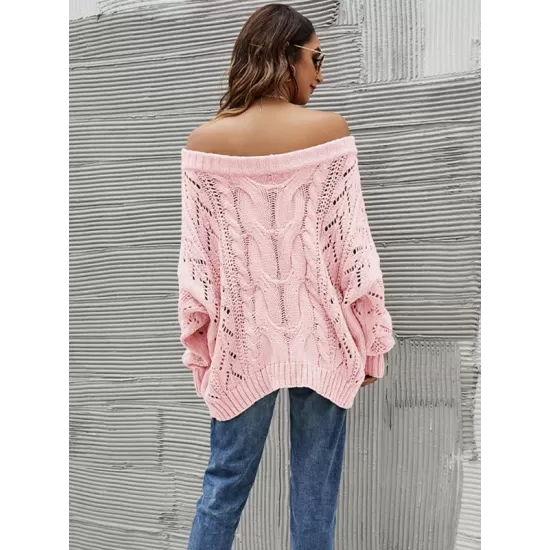 Vintage Long Sleeves Loose Solid Color Off-The-Shoulder Sweater Tops