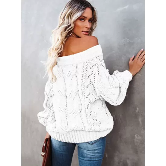 Vintage Long Sleeves Loose Solid Color Off-The-Shoulder Sweater Tops